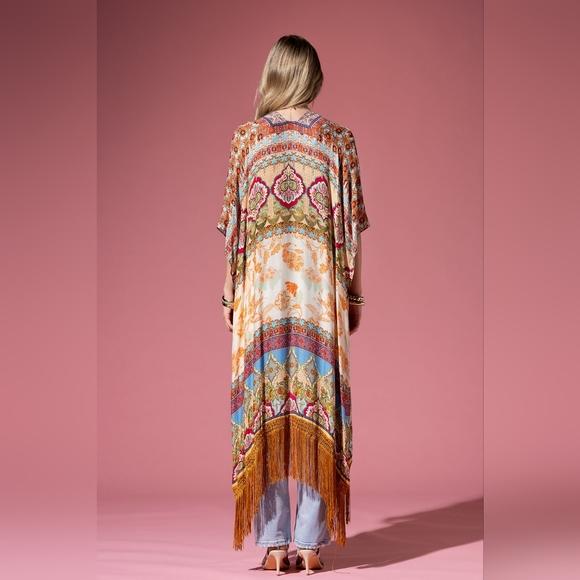 Detailed Floral & Demask Print Kimono on Jacquard Fabric w Golden Fringe Tassels - Picture 8 of 9